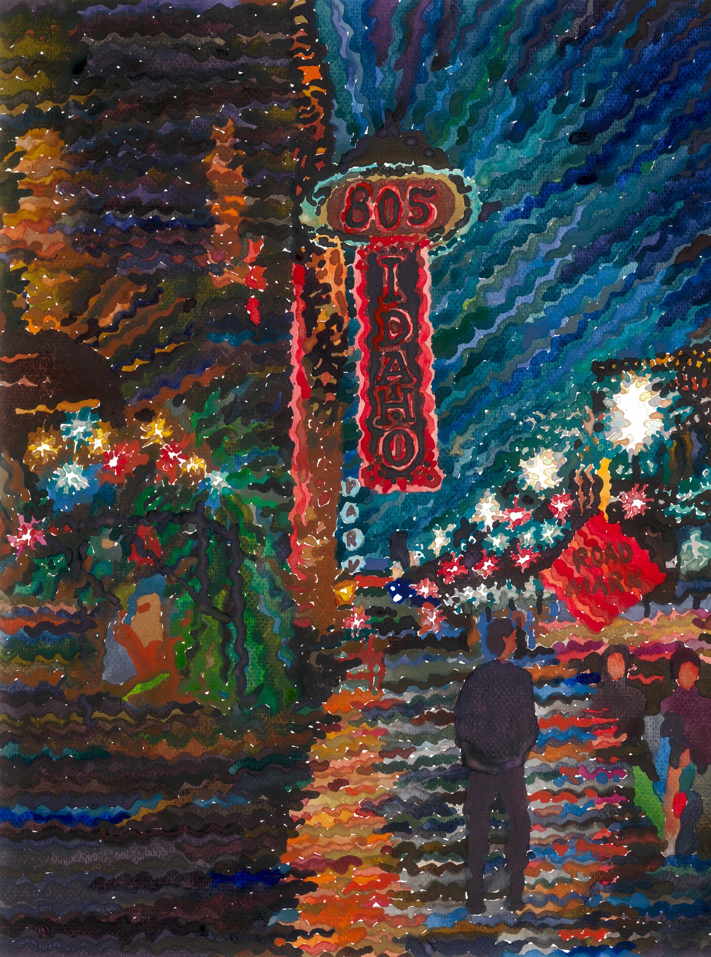 Boise Downtown at Night Watercolor Painting by Tanbelia