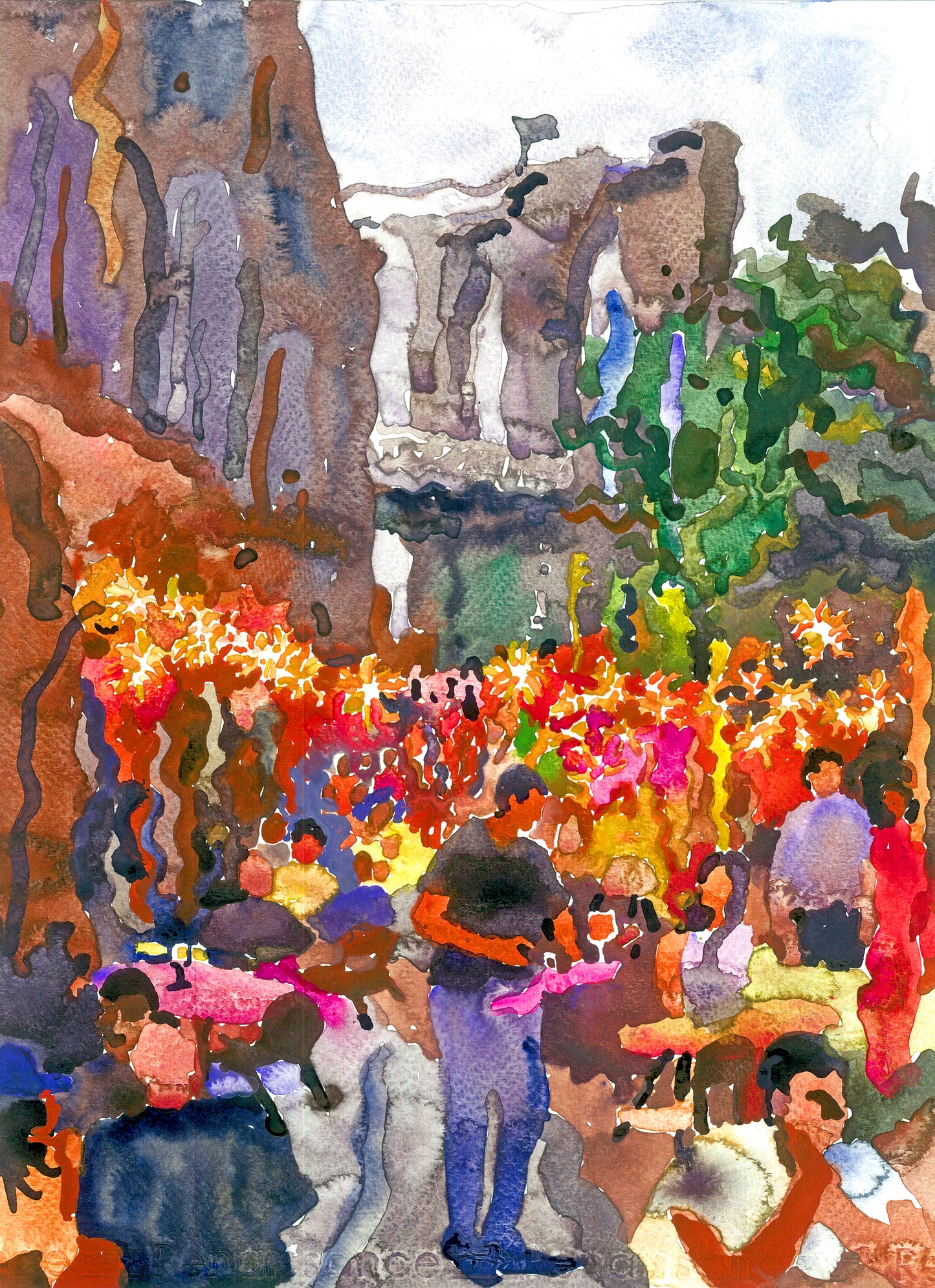 Brooklyn Bridge and Dumbo restaurant in New York City Watercolor Painting by Tanbelia