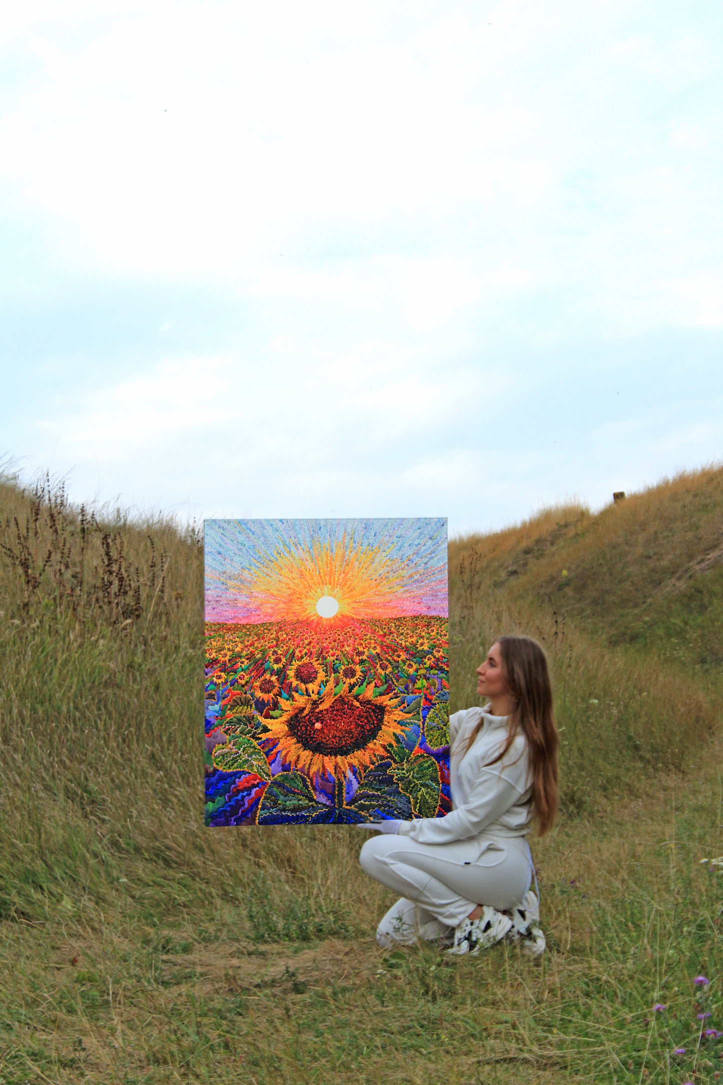 Big Sunflower Field Watercolor Original Painting by Tanbelia