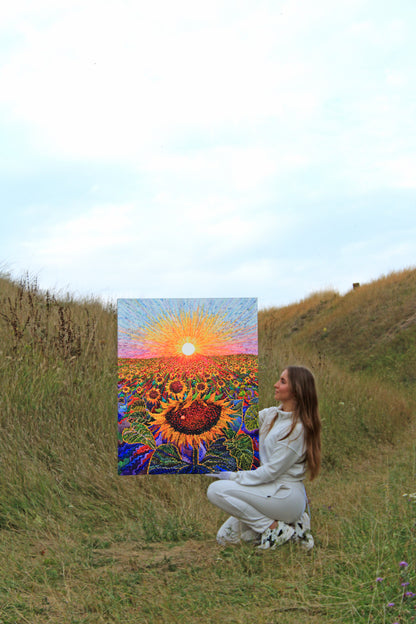 Big Sunflower Field Watercolor Original Painting by Tanbelia