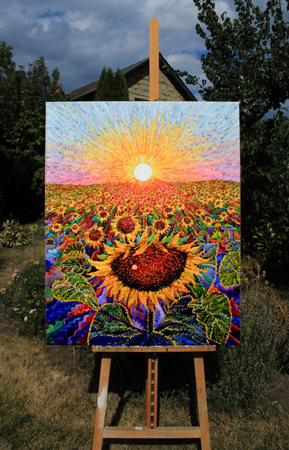 Big Sunflower Field Watercolor Original Painting by Tanbelia