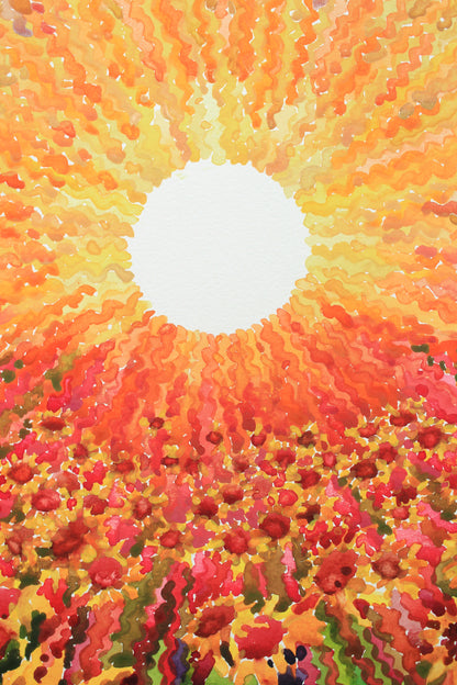 Big Sunflower Field Watercolor Original Painting by Tanbelia