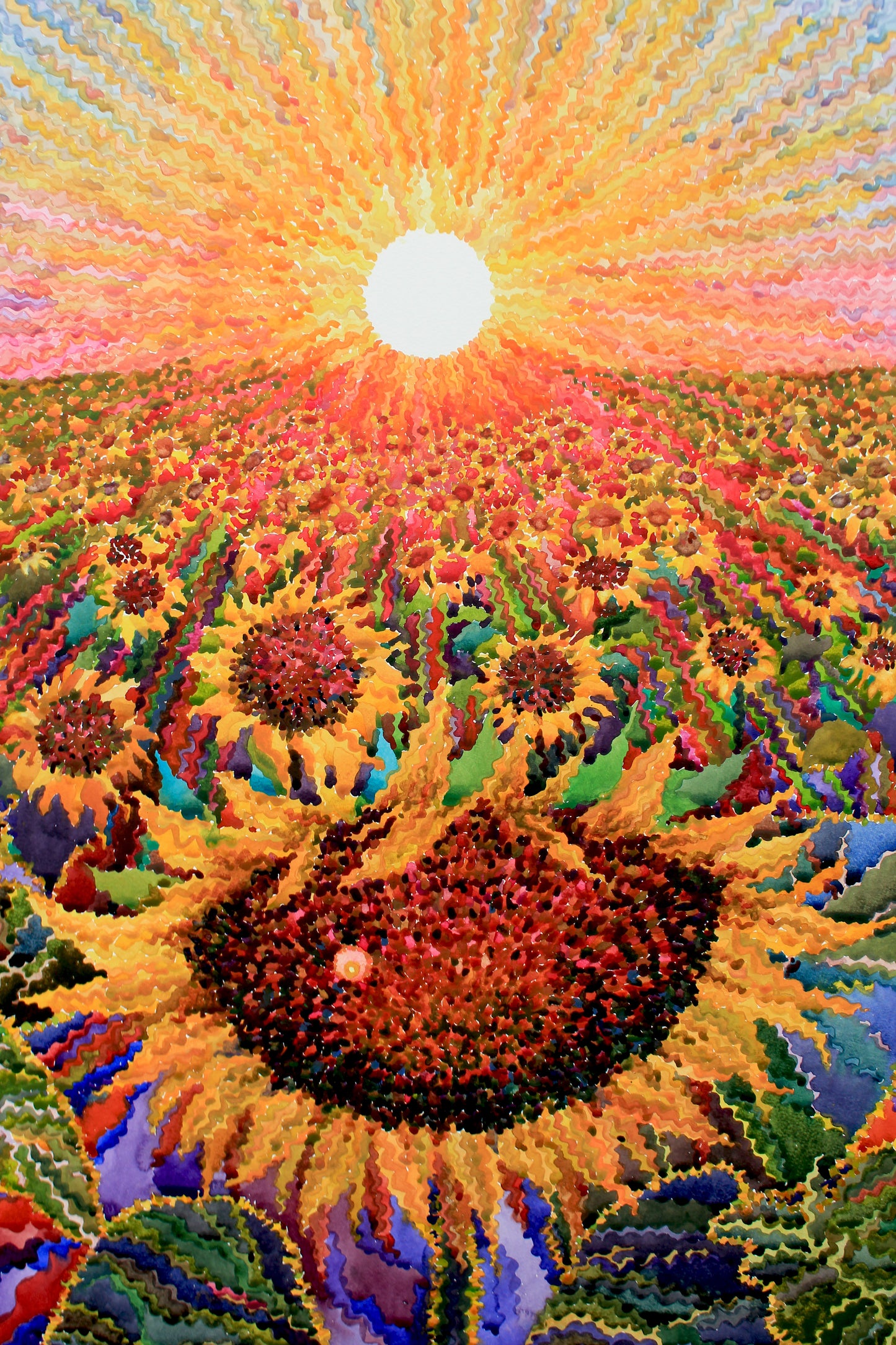 Big Sunflower Field Watercolor Original Painting by Tanbelia