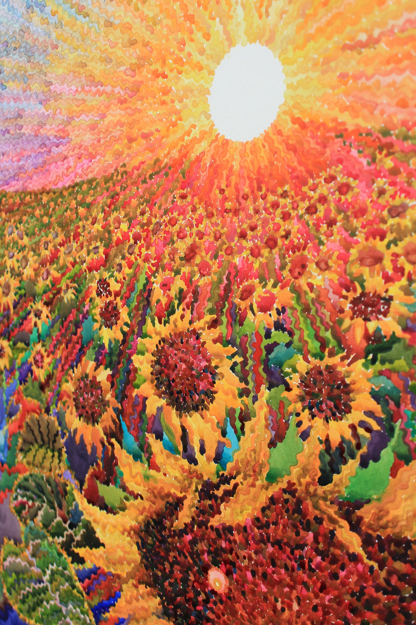 Big Sunflower Field Watercolor Original Painting by Tanbelia