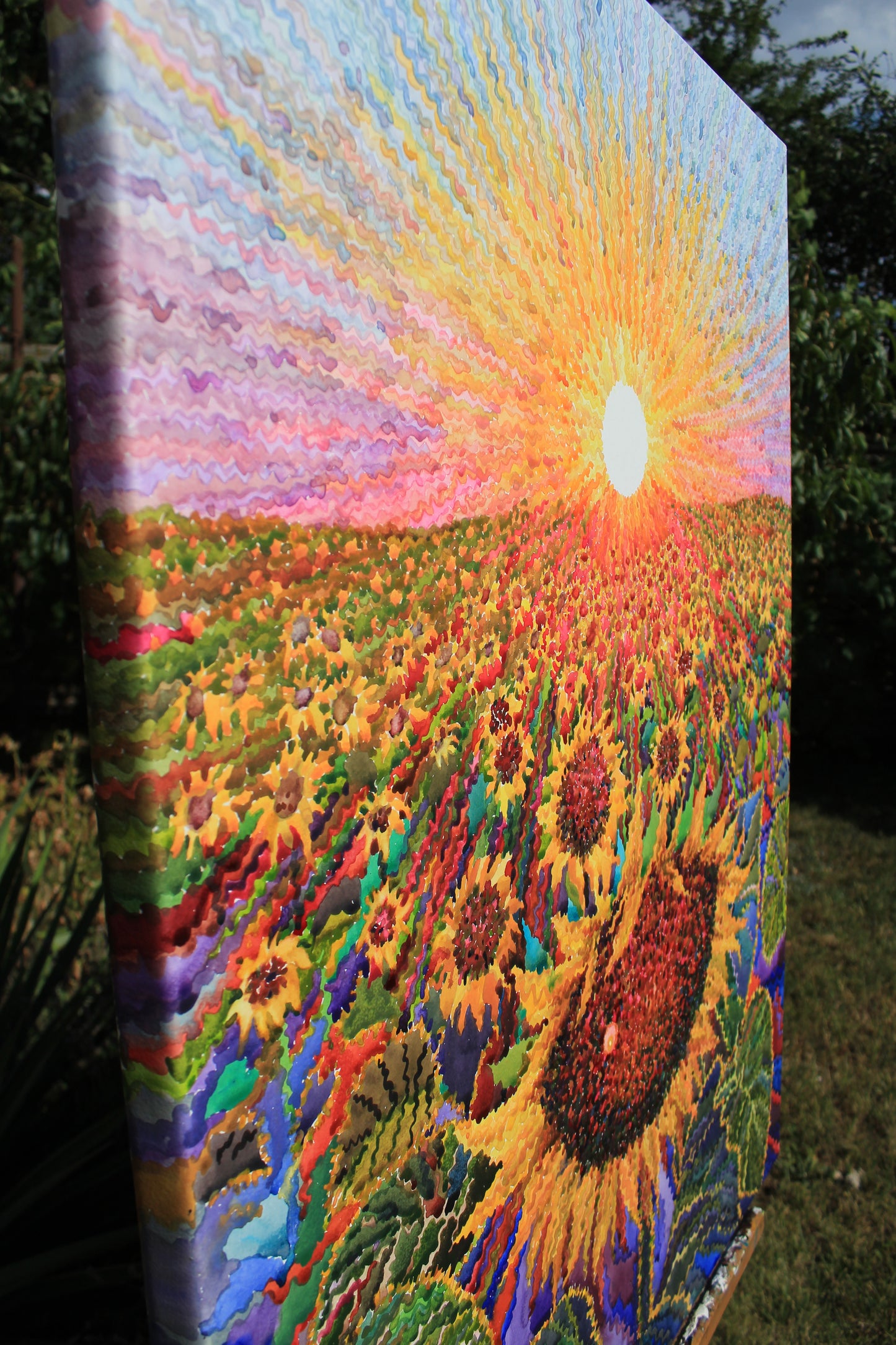 Big Sunflower Field Watercolor Original Painting by Tanbelia