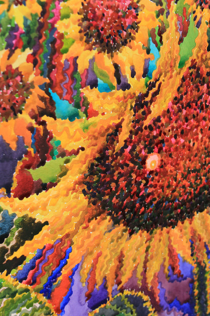 Big Sunflower Field Watercolor Original Painting by Tanbelia
