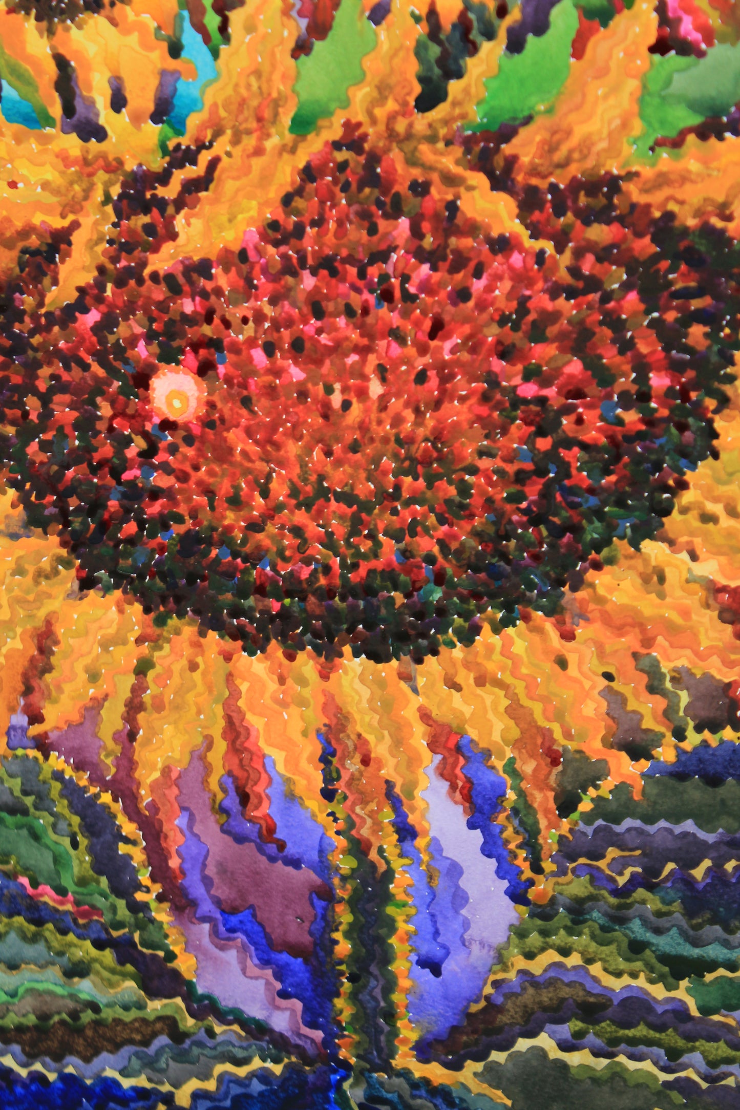 Big Sunflower Field Watercolor Original Painting by Tanbelia