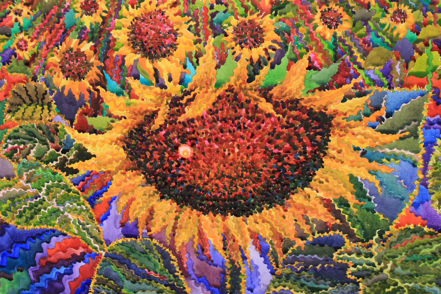 Big Sunflower Field Watercolor Original Painting by Tanbelia