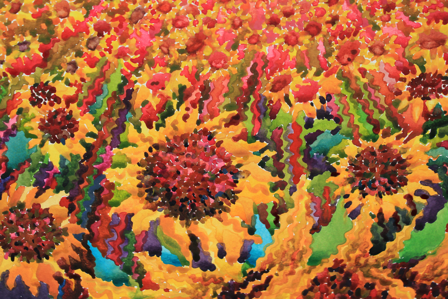 Big Sunflower Field Watercolor Original Painting by Tanbelia