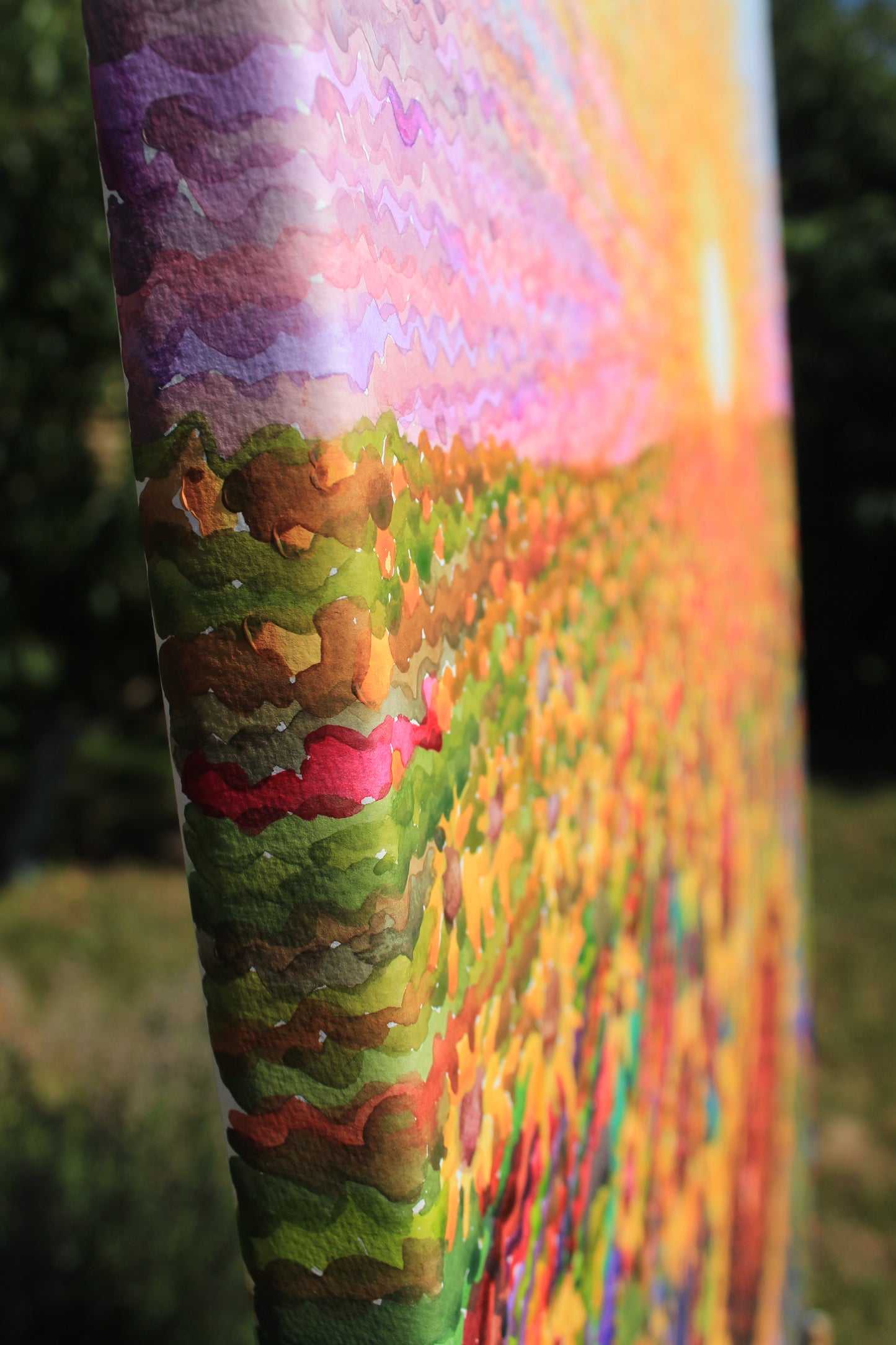 Big Sunflower Field Watercolor Original Painting by Tanbelia