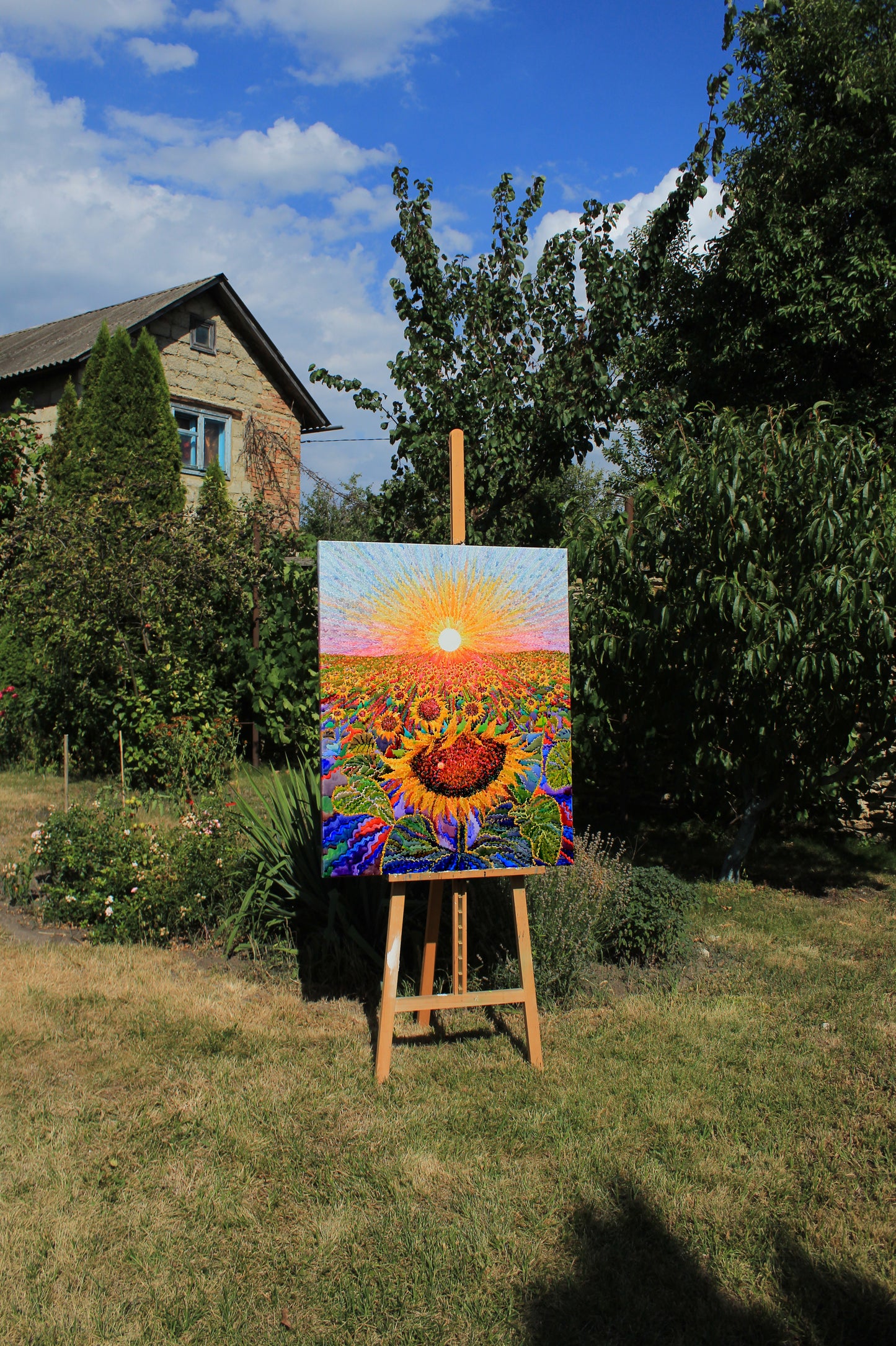 Big Sunflower Field Watercolor Original Painting by Tanbelia