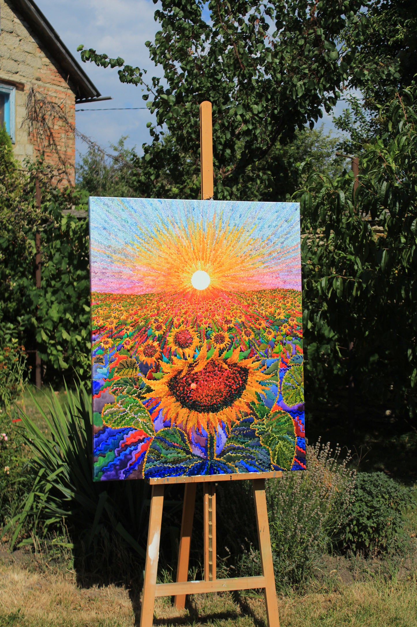 Big Sunflower Field Watercolor Original Painting by Tanbelia
