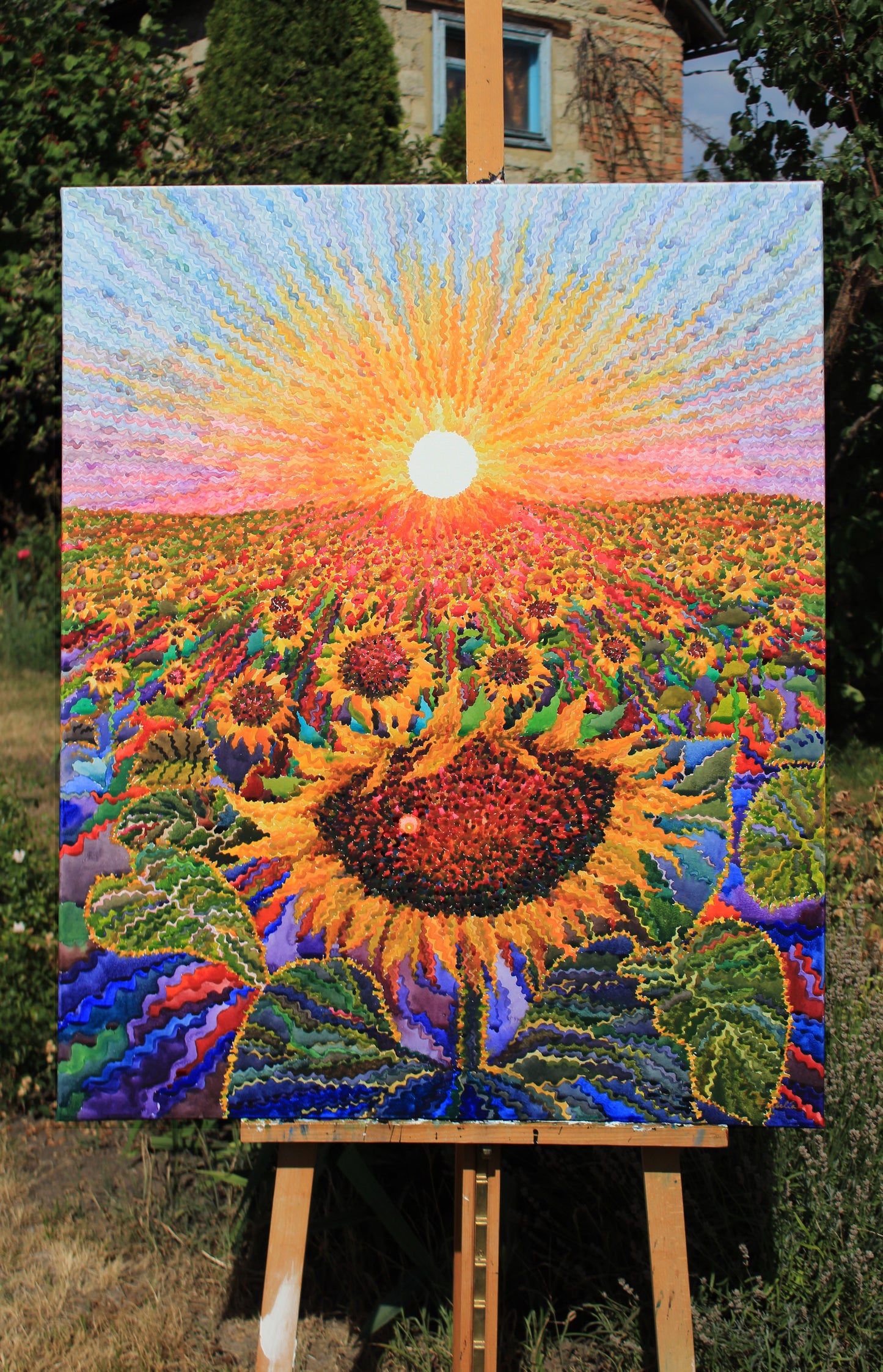 Big Sunflower Field Watercolor Original Painting by Tanbelia
