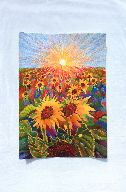 Bright Sunset in the Sunflower Field Watercolor Painting by Tanbelia