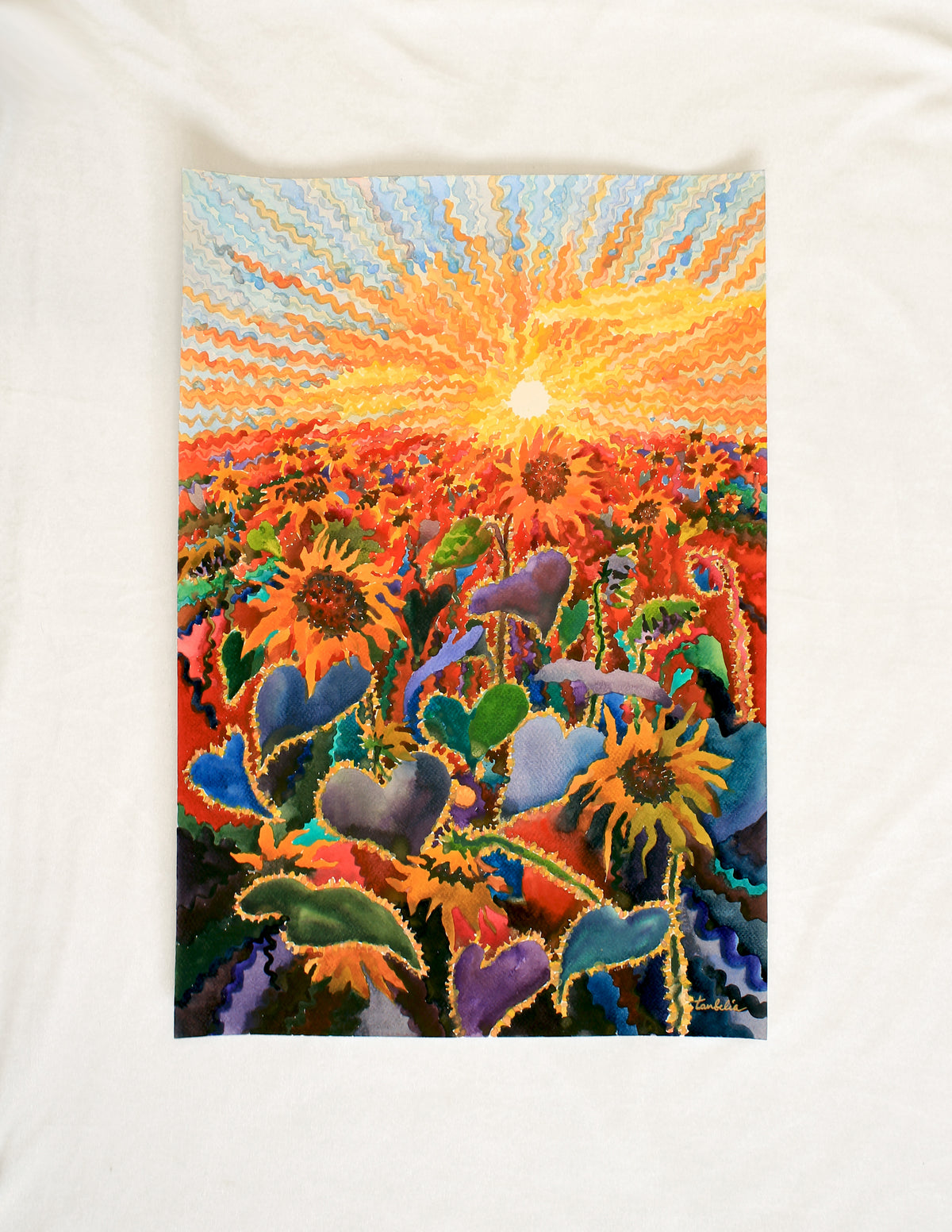 Fiery Sunset in the Sunflower Field Watercolor Painting by Tanbelia