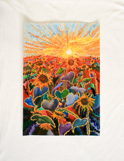 Fiery Sunset in the Sunflower Field Watercolor Painting by Tanbelia