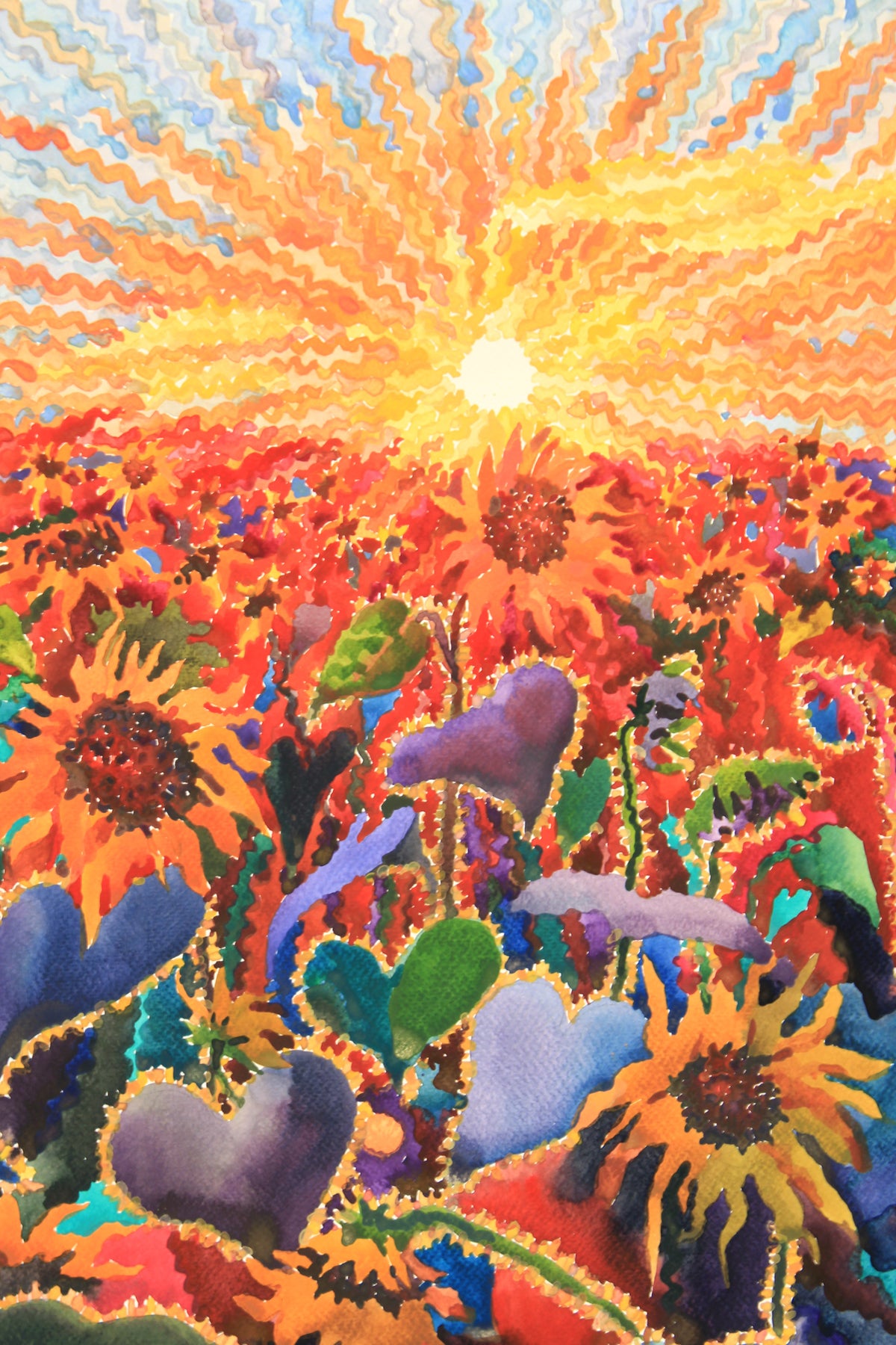 Fiery Sunset in the Sunflower Field Watercolor Painting by Tanbelia