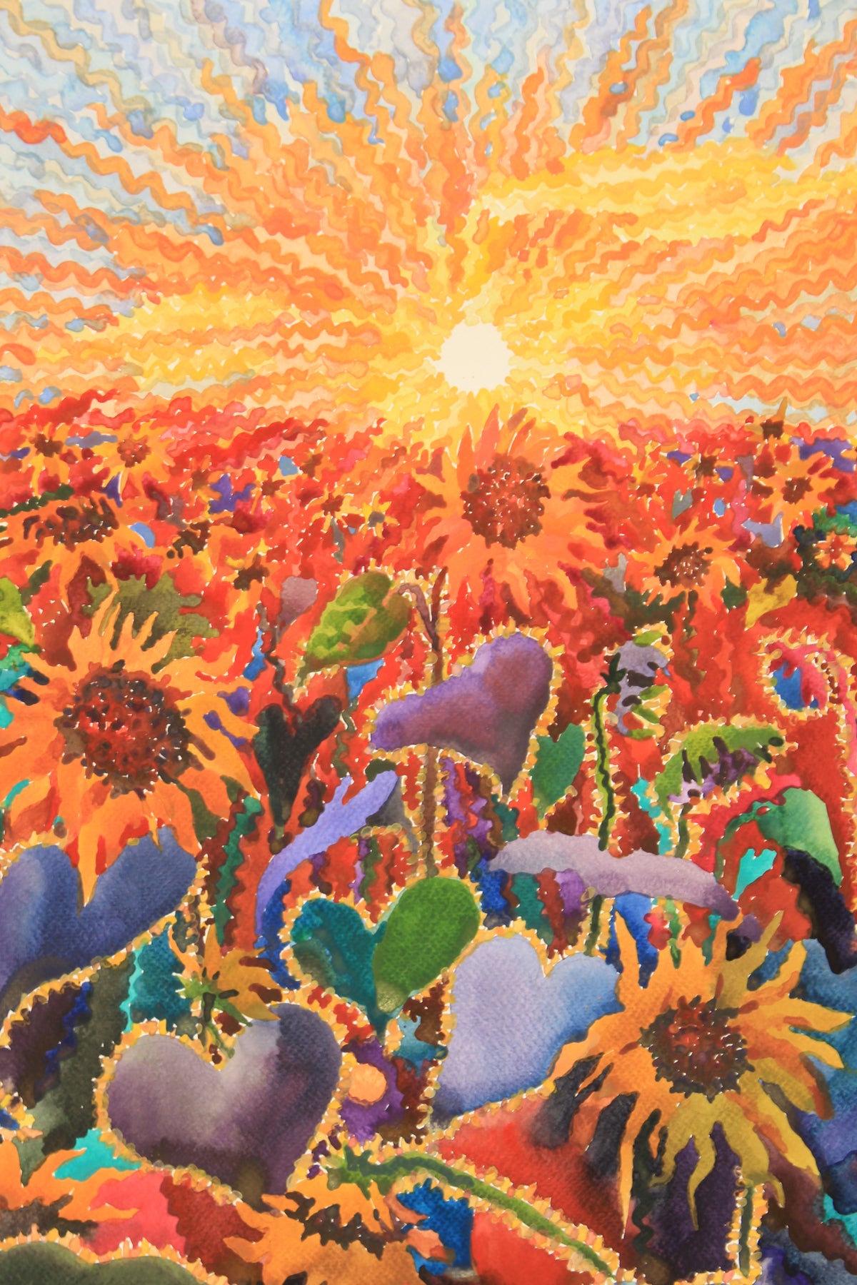 Fiery Sunset in the Sunflower Field Watercolor Painting by Tanbelia