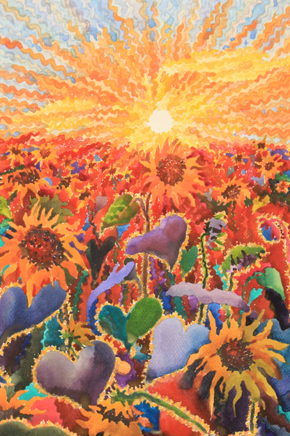 Fiery Sunset in the Sunflower Field Watercolor Painting by Tanbelia