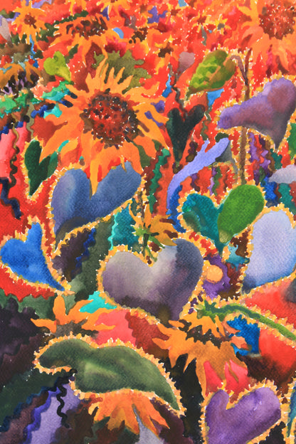 Fiery Sunset in the Sunflower Field Watercolor Painting by Tanbelia