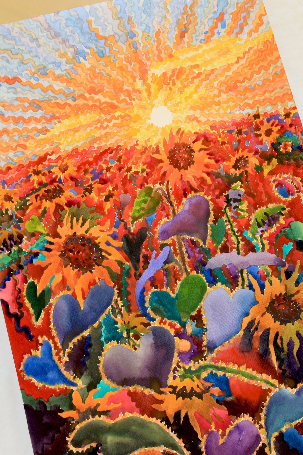 Fiery Sunset in the Sunflower Field Watercolor Painting by Tanbelia