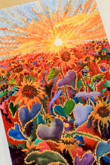 Fiery Sunset in the Sunflower Field Watercolor Painting by Tanbelia