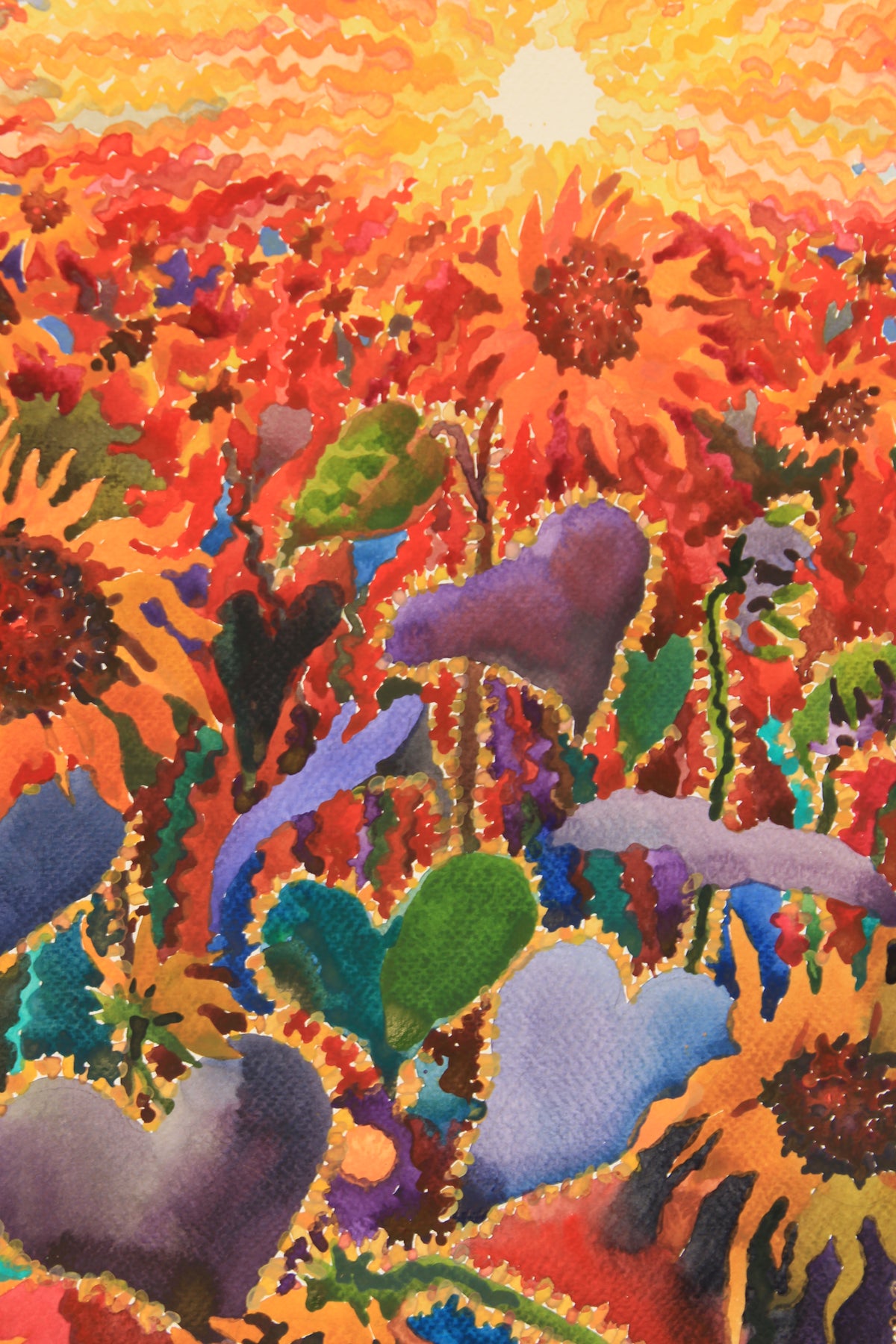 Fiery Sunset in the Sunflower Field Watercolor Painting by Tanbelia