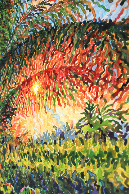 Sunrise in Rice Field in Bali Watercolor Original Painting by Tanbelia