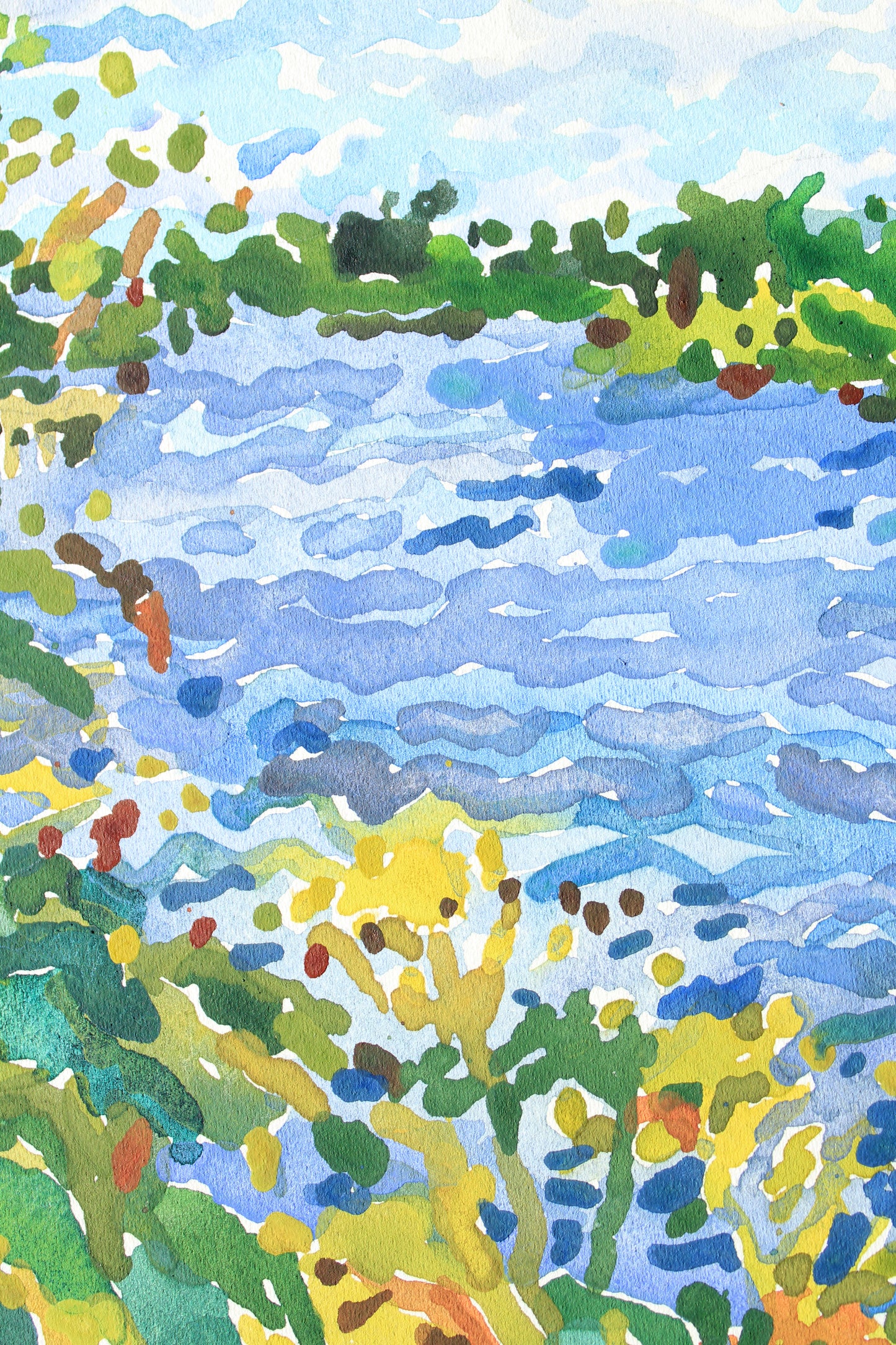 Blue Lake Watercolor Original Painting by Tanbelia