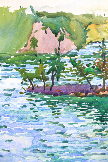 Emerald Green Lake Landscape Watercolor by Tanbelia