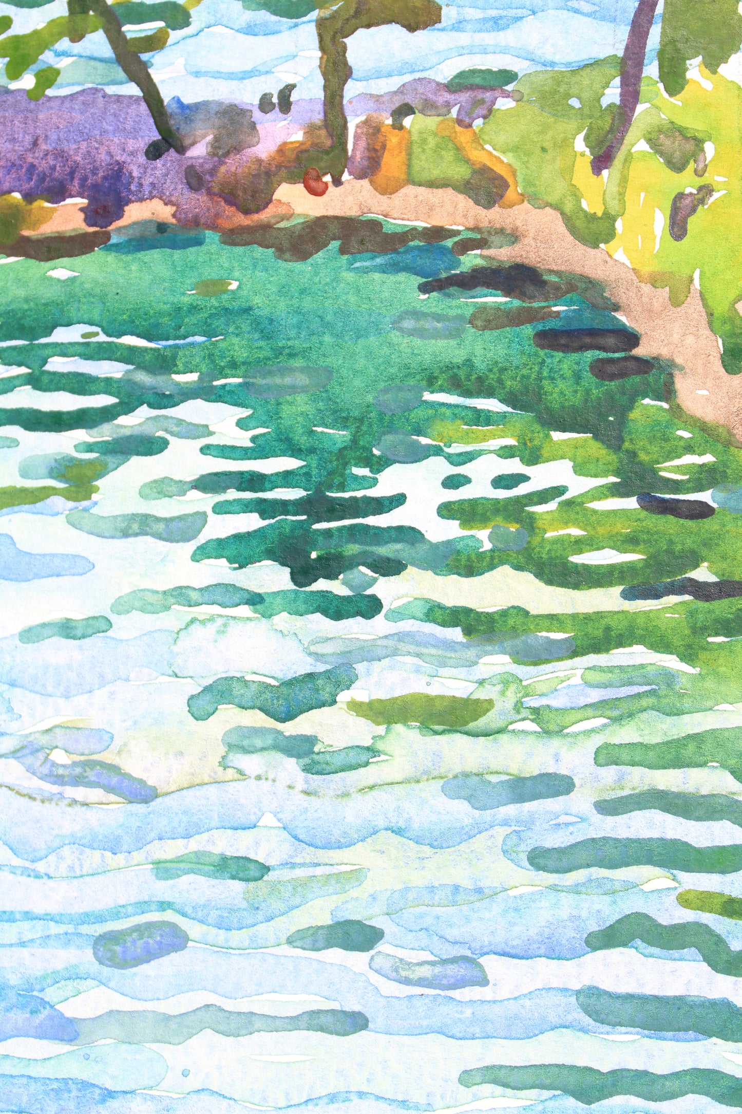 Emerald Green Lake Landscape Watercolor by Tanbelia