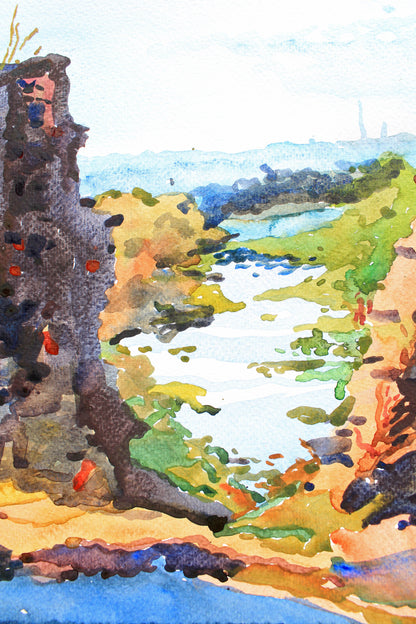 Hubkiv Castle Ruins Watercolor Original Painting by Tanbelia