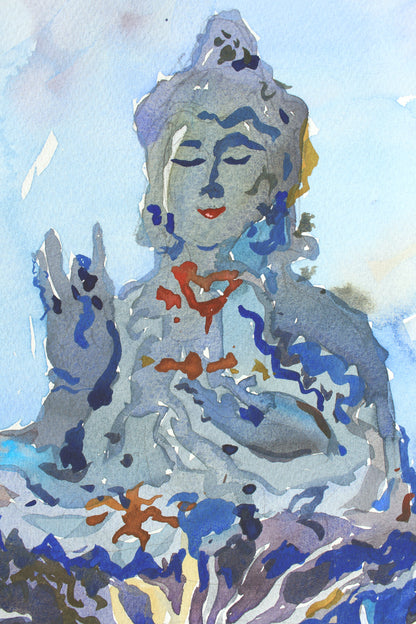 Goddess of Mercy Temple in Chiang Rai Watercolor Original Painting by Tanbelia