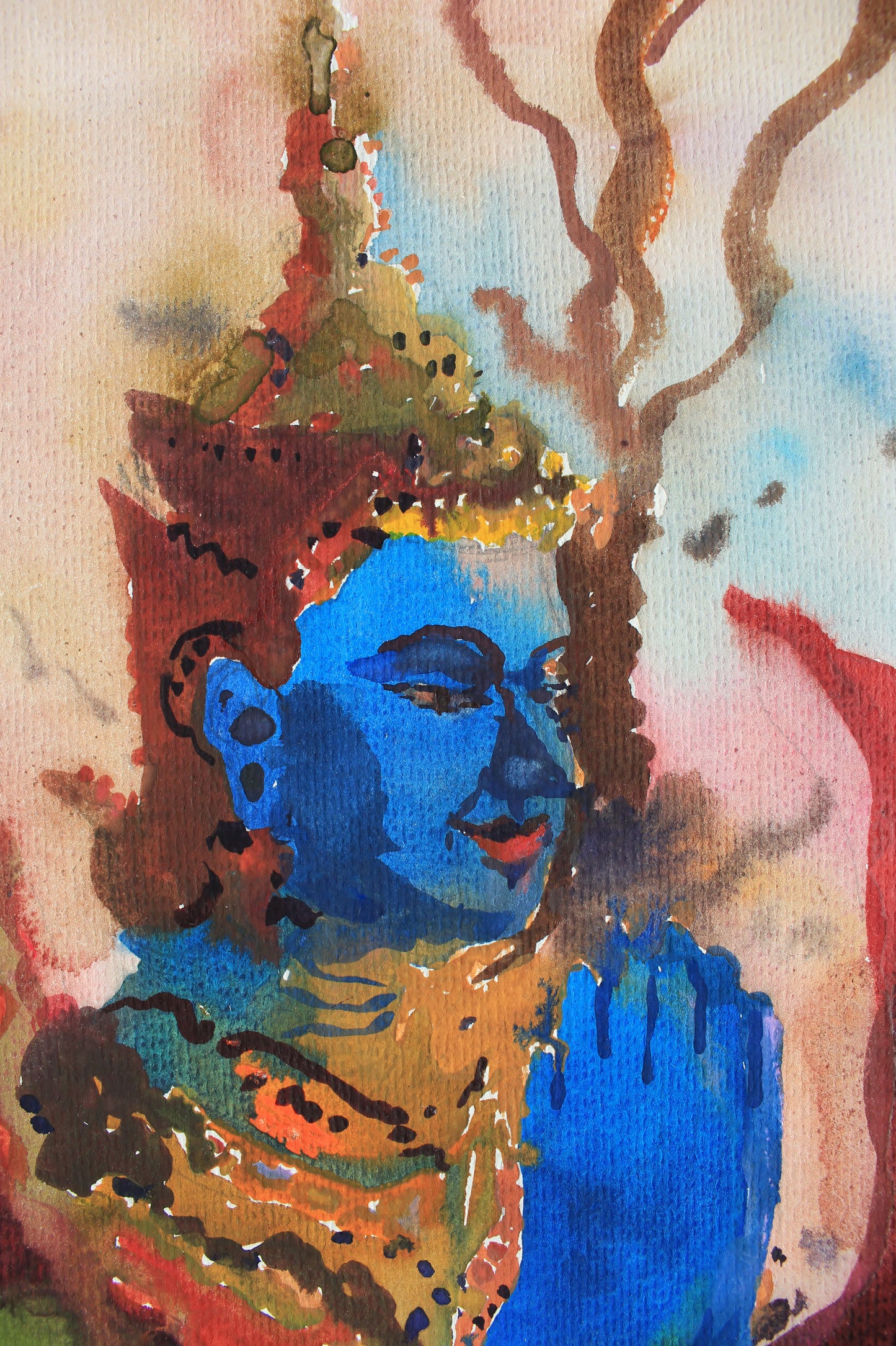 Blue Buddha Painting, Buddha Wall Art Painting, Watercolor Portrait Wall Art, Religious Art by Tanbelia