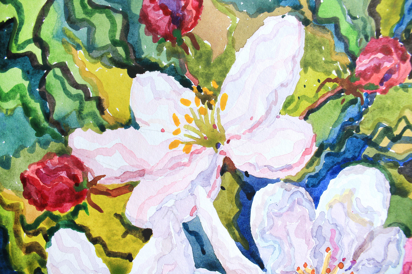 White Apple Blossom Watercolor Painting by Tanbelia