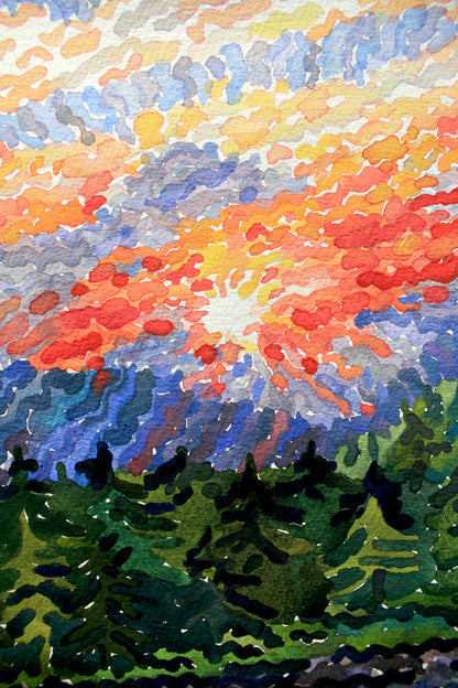 Yellowstone National Park Sunset on the Madison River Watercolor Original Painting by Tanbelia