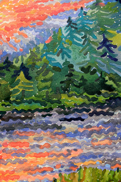 Yellowstone National Park Sunset on the Madison River Watercolor Original Painting by Tanbelia