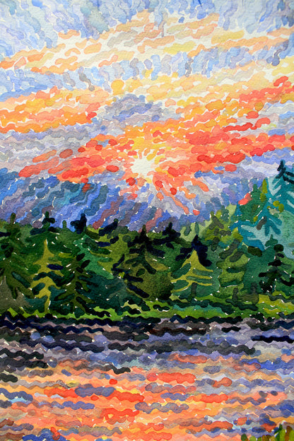 Yellowstone National Park Sunset on the Madison River Watercolor Original Painting by Tanbelia