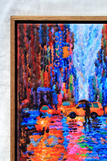 Neon Lights in New York City Framed Watercolor Artwork
