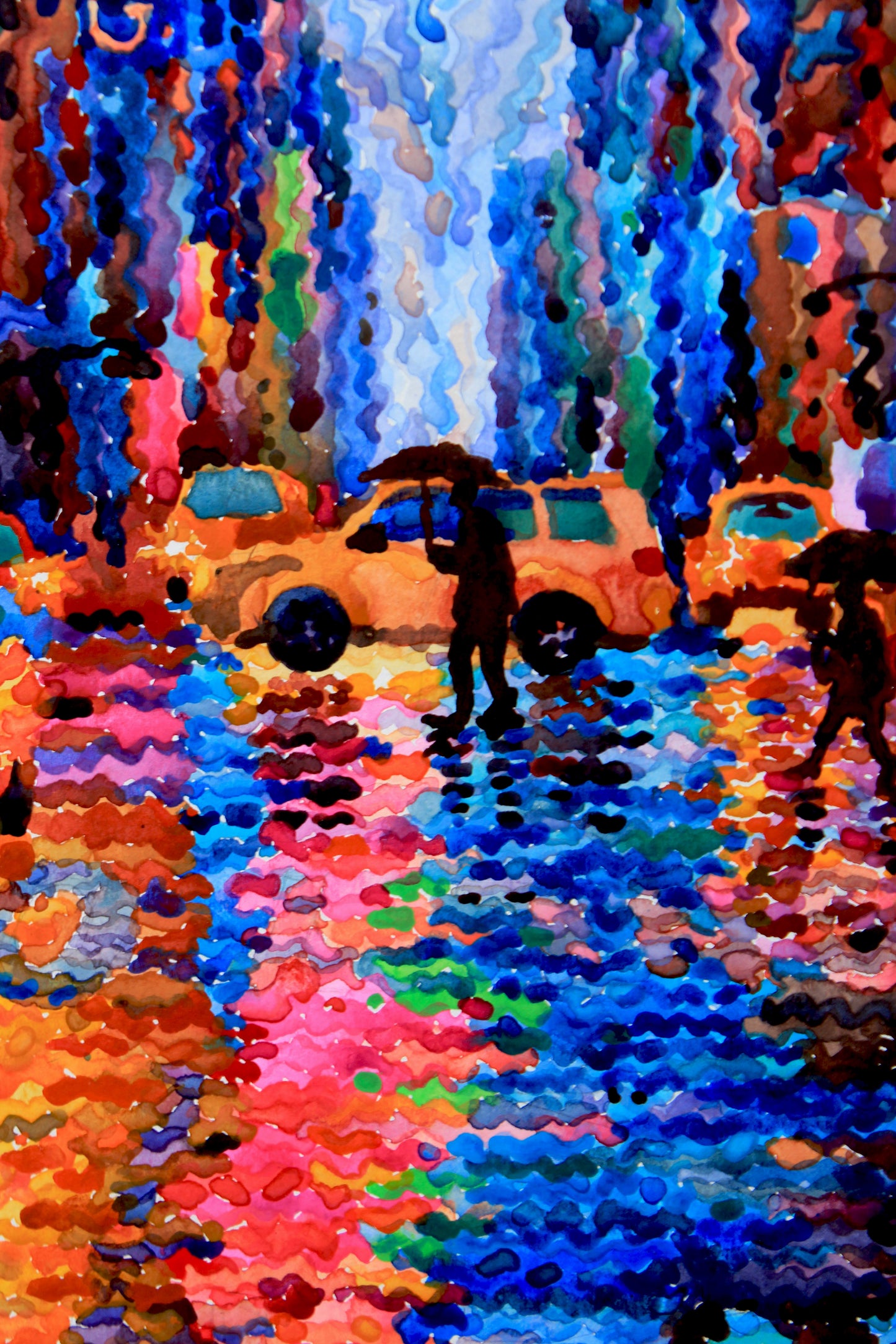 Neon Lights in New York City Framed Watercolor Artwork