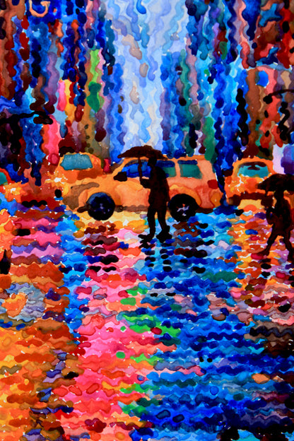 Neon Lights in New York City Framed Watercolor Artwork