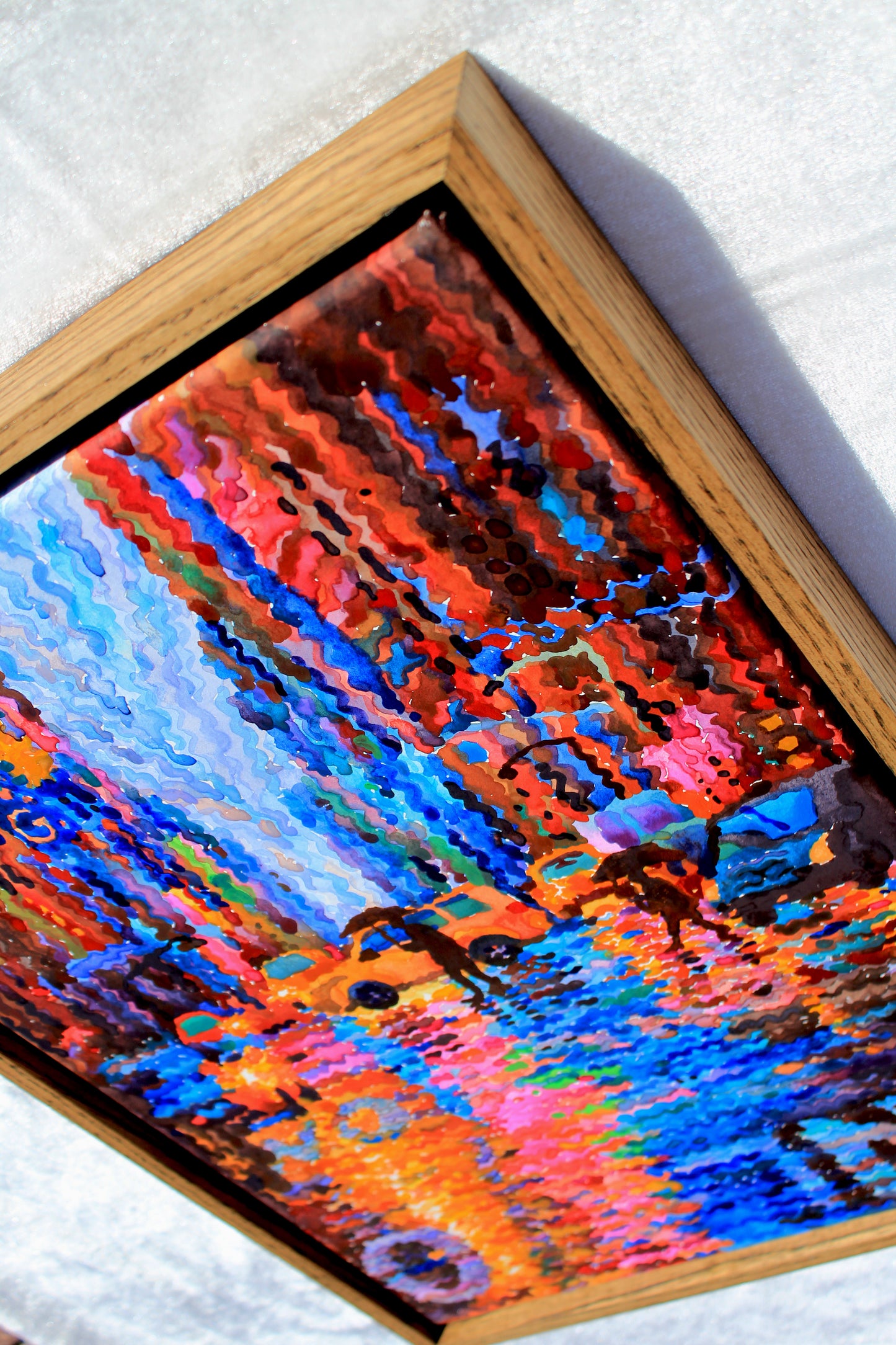 Neon Lights in New York City Framed Watercolor Artwork