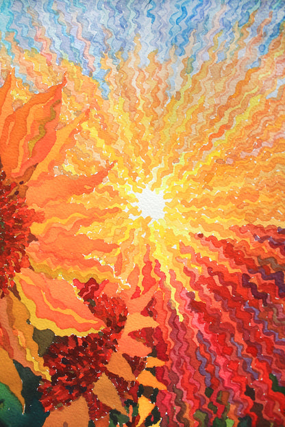 Sunflowers on the Sunset Watercolor Painting by Tanbelia