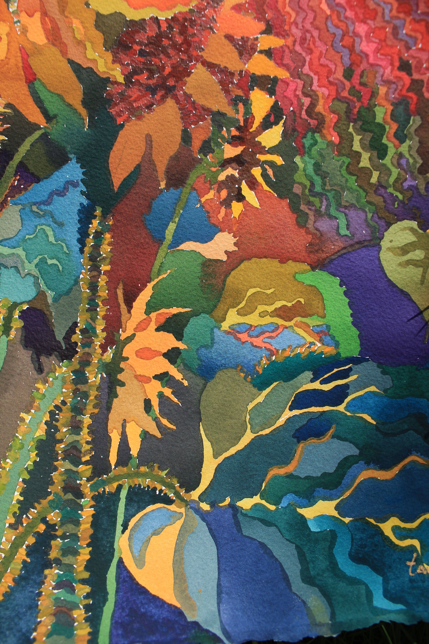 Sunflowers on the Sunset Watercolor Painting by Tanbelia