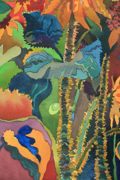 Sunflowers on the Sunset Watercolor Painting by Tanbelia