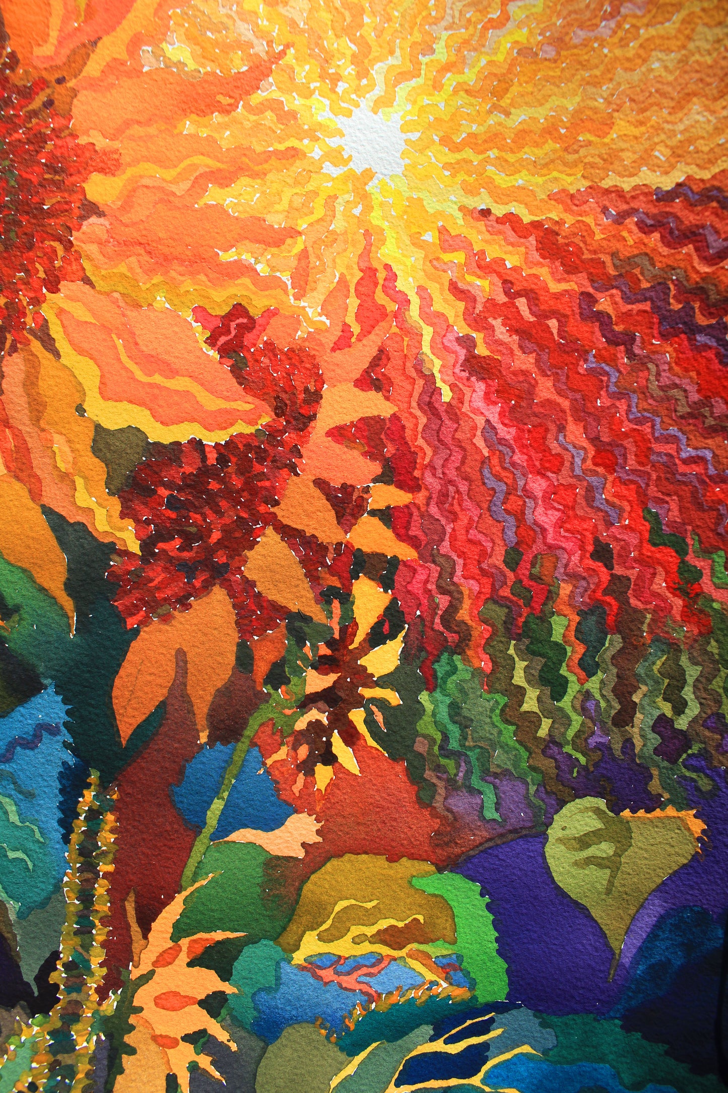 Sunflowers on the Sunset Watercolor Painting by Tanbelia