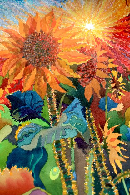 Sunflowers on the Sunset Watercolor Painting by Tanbelia