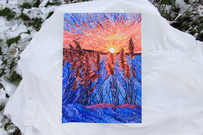 Winter Sunset Landscape Watercolor Original Painting by Tanbelia