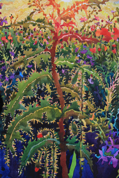 Summer Green Thistle Watercolor Painting by Tanbelia