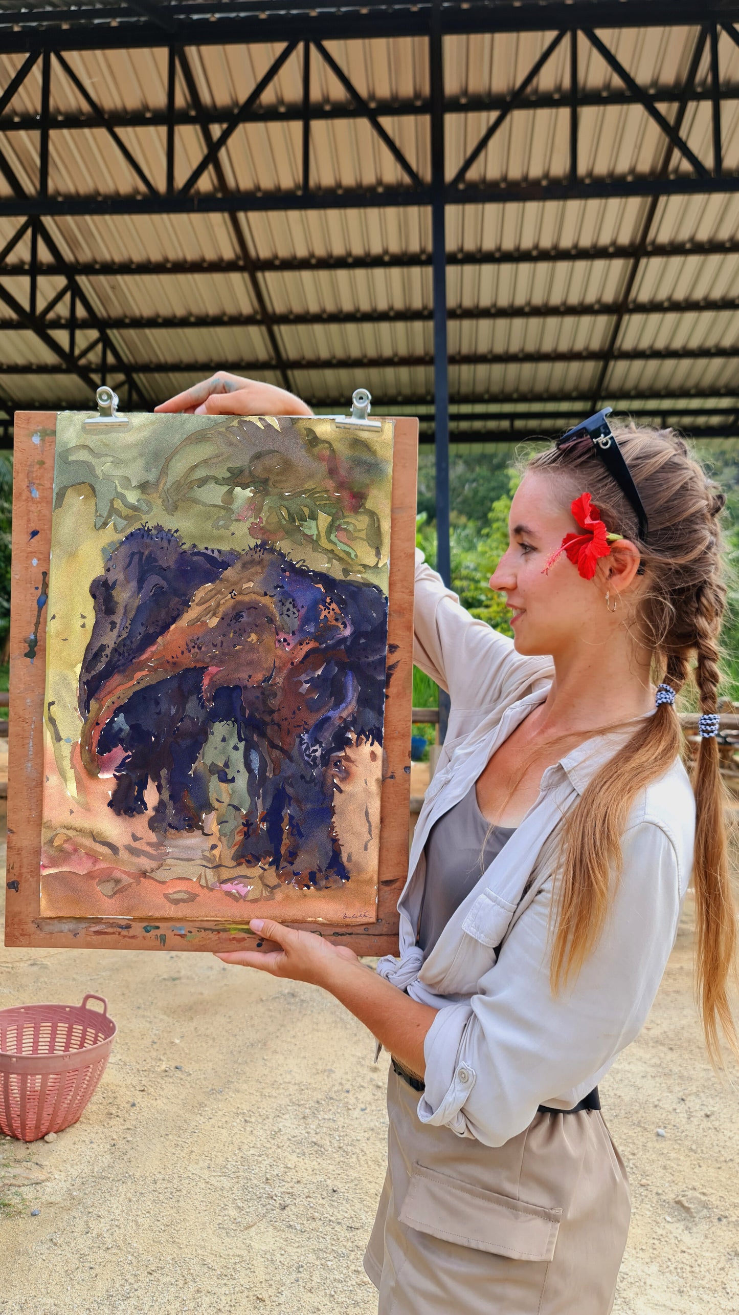 Elephants Watercolor Original Painting by Tanbelia